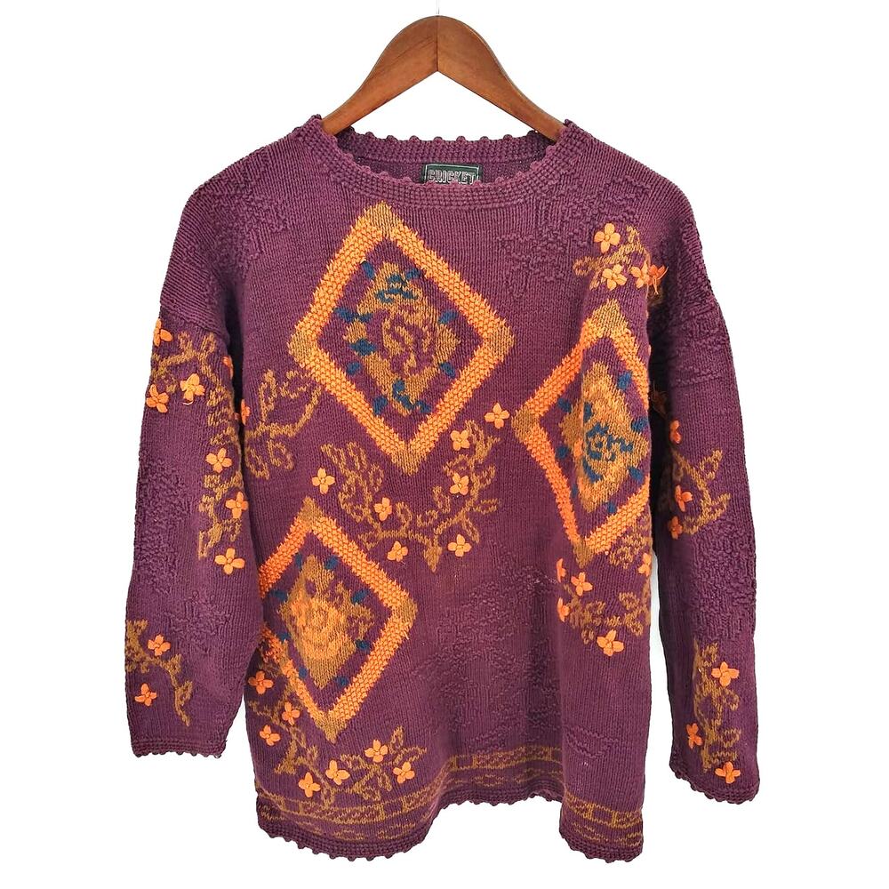 Vintage Cricket Plum & Orange Floral Diamond Print Grandma Sweater Sz Large